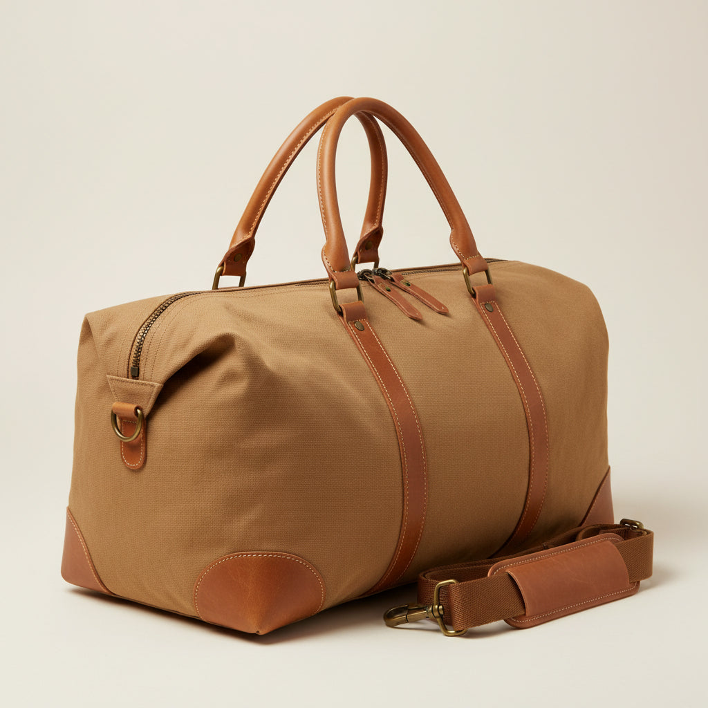 Beige and brown duffel bag with leather accents on a wooden dock by a body of water.